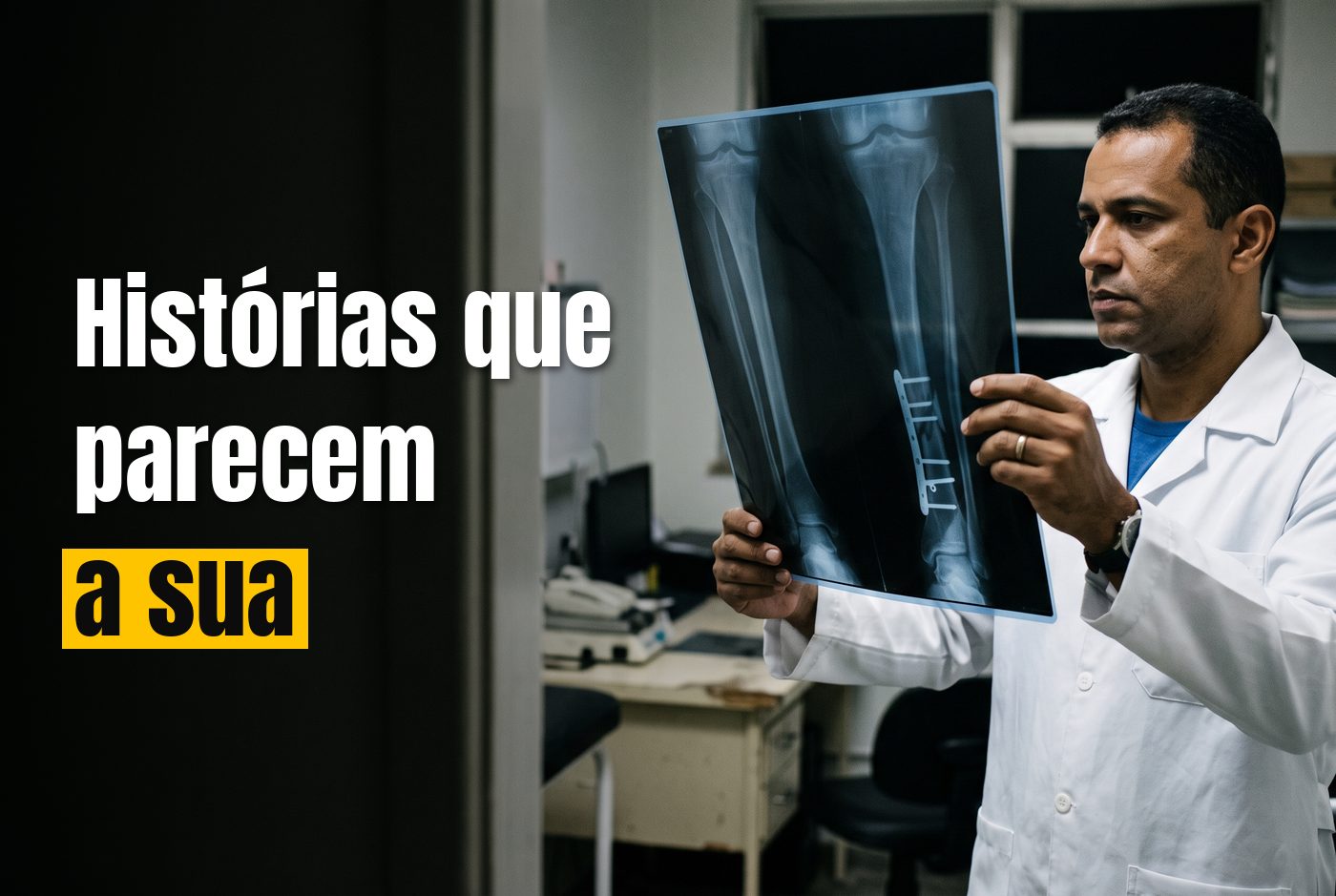 Médico em consultório segurando a radiografia de uma perna com placa e parafusos metálicos após a cirurgia