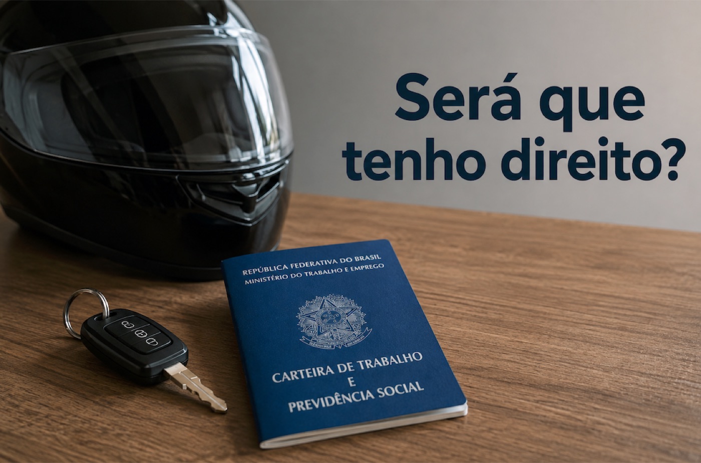 Capacete de moto, chave de carro e carteira de trabalho sobre a mesa