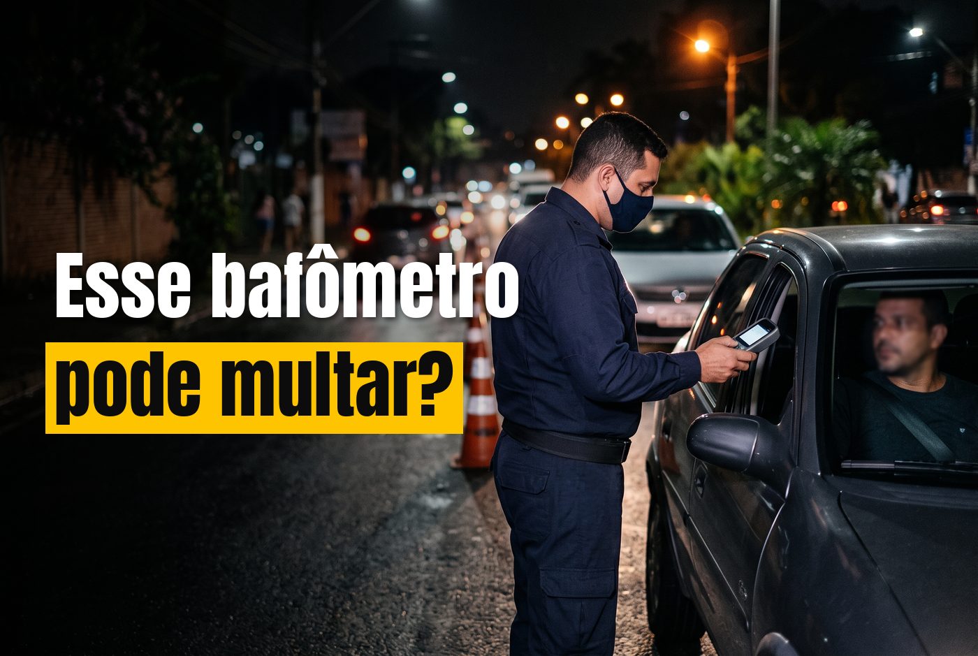 Agente de trânsito segurando um pequeno aparelho de triagem junto à janela aberta de um carro em uma blitz noturna