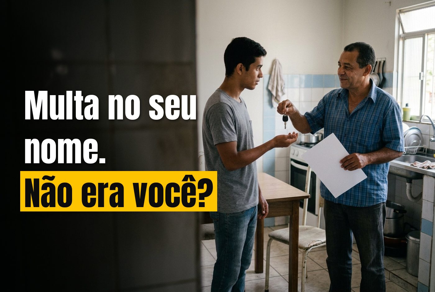 Homem na cozinha segurando uma notificação de multa e entregando a chave do carro para um jovem da família