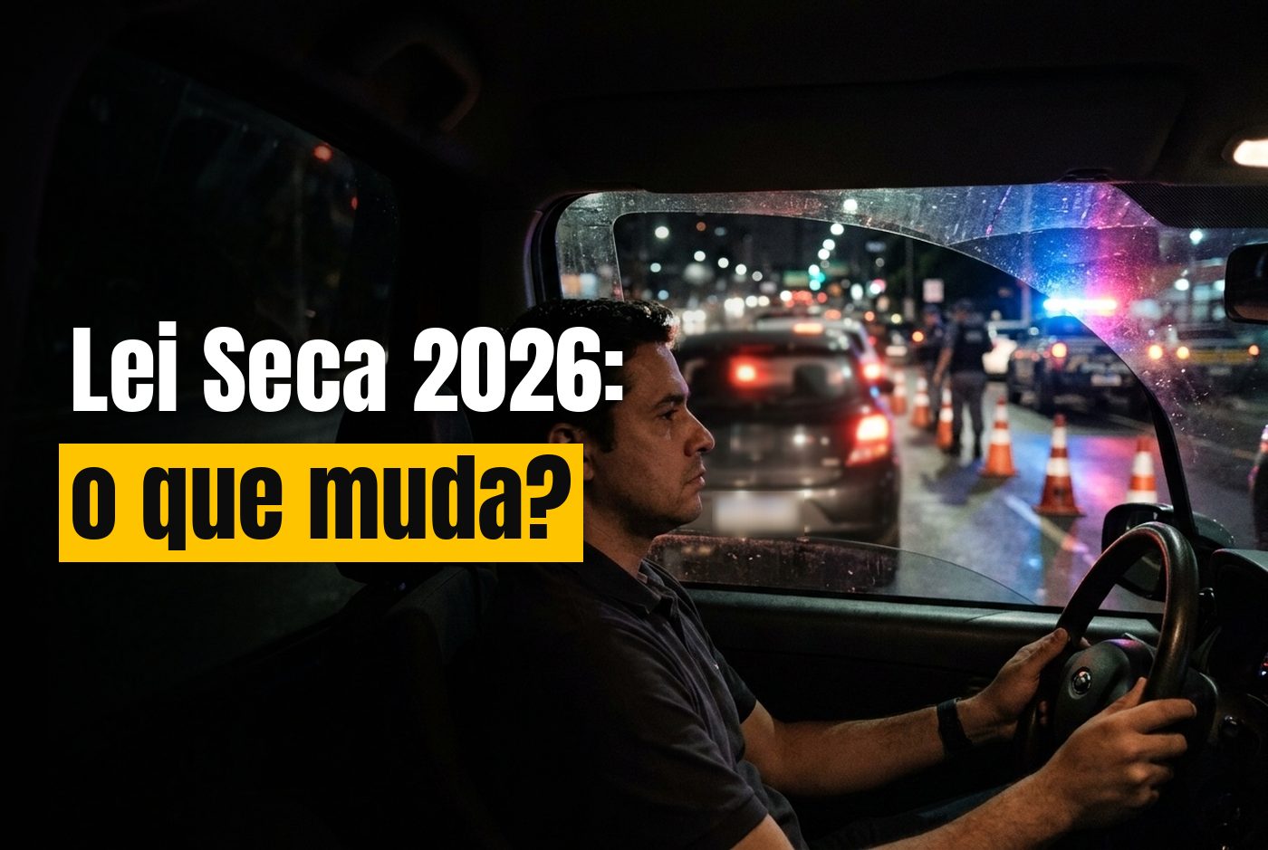 Motorista visto de dentro do carro à noite, na fila de uma blitz da Lei Seca, com cones e luzes à frente