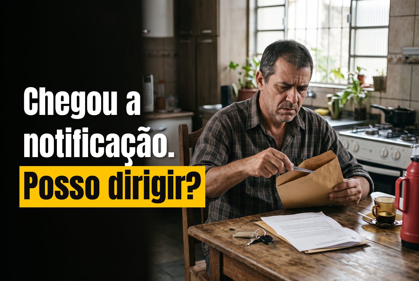 Homem preocupado na mesa da cozinha abrindo o envelope da notificação de suspensão da CNH, com a chave do carro ao lado