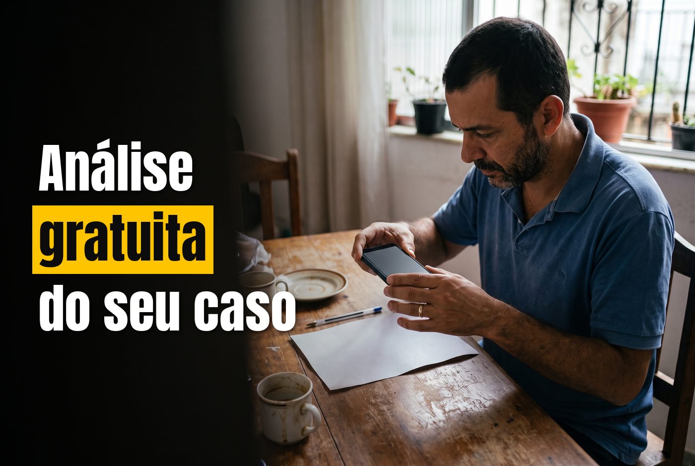 Homem fotografando com o celular uma notificação de trânsito sobre a mesa para enviar pelo WhatsApp