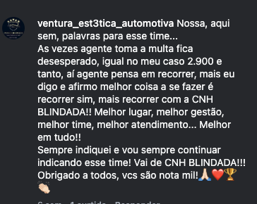 Comentário de cliente no Instagram elogiando a equipe da CNH Blindada